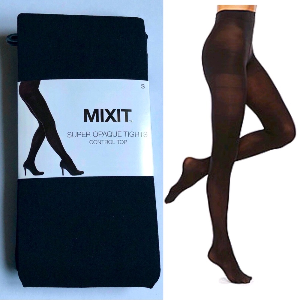 NEW MIXIT SUPER OPAQUE TIGHTS CONTROL TOP Hosiery Socks 1 PAIR Black Small Women